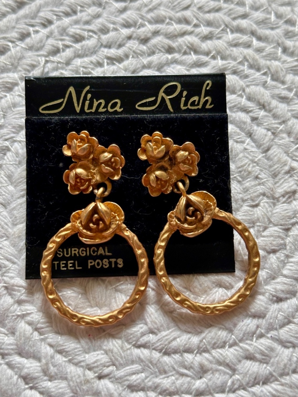 Vintage Nina Rich Gold Tone Rose Door Knocker Earrings Hoop Drop Surgical Steel